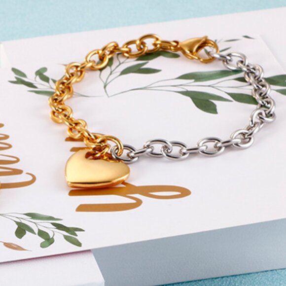 3/$35 18K Gold Plated & Silver Heart Charm Bracelet Two Tone Chain Link Jewelry - Picture 4 of 9